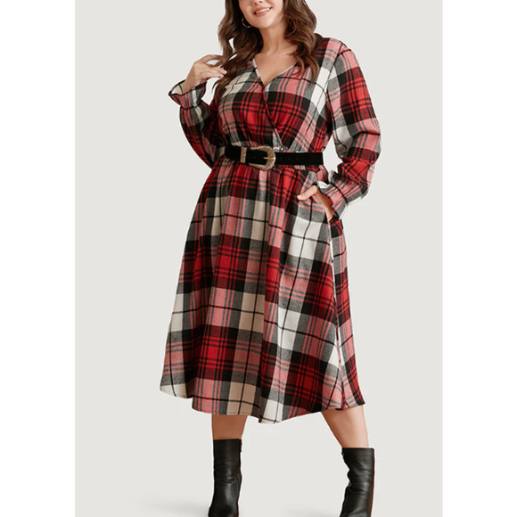 Bloomchic Dresses & Skirts - Bloomchic Plaid Shirred Pocket  Wrap Midi Dress Without Belt Size 20 2X NWT